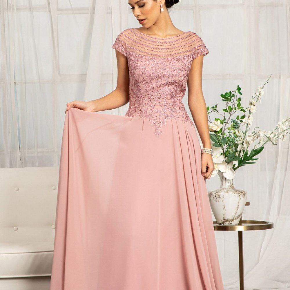 DUSTY ROSE Beads Embellished Chiffon A-line Dress w/ Cap Sleeves GL3065